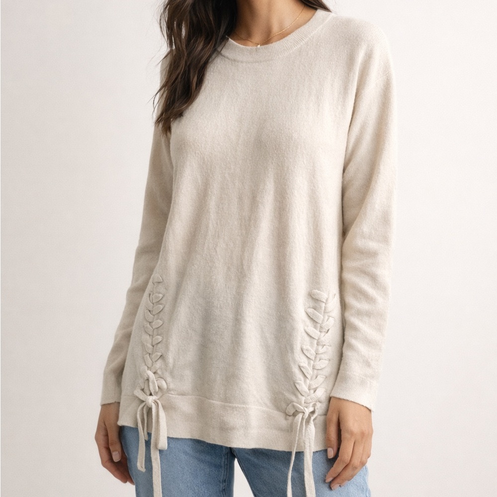 Autumn Cashmere 100% Cashmere Cream Lace-Up Side Long Sleeve Top Size S Petite